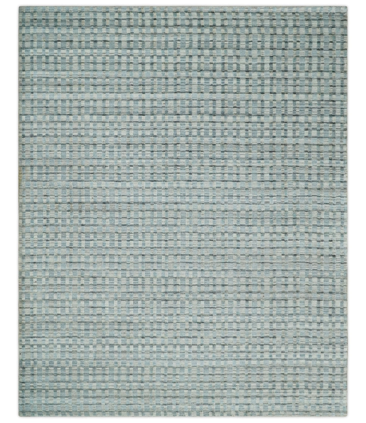 8x10 Hand Made Checkered Blue and Ivory Blended Wool  Area Rug