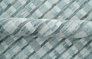 8x10 Hand Made Checkered Ivory, Teal and Gray Blended Wool Flatwoven Area Rug