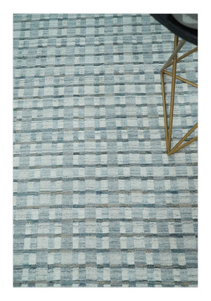 8x10 Hand Made Checkered Ivory, Teal and Gray Blended Wool Flatwoven Area Rug