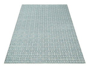 8x10 Hand Made Checkered Ivory, Teal and Gray Blended Wool Flatwoven Area Rug