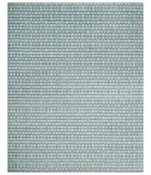 8x10 Hand Made Checkered Ivory, Teal and Gray Blended Wool Flatwoven Area Rug
