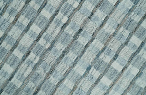 8x10 Hand Made Checkered Ivory, Teal and Gray Blended Wool Flatwoven Area Rug