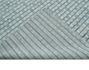 8x10 Hand Made Checkered Ivory, Teal and Gray Blended Wool Flatwoven Area Rug