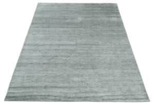 8x10 Ivory and Silver Blended Hand Loomed Modern Scandinavian Art Silk Area Rug