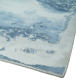 8x10 Ivory, Aqua and Blue Modern Abstract Hand Tufted Wool and Art Silk Area Rug