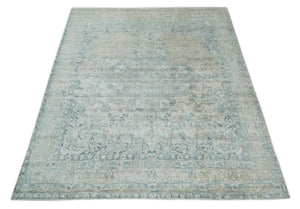 8x10 Ivory, Beige and Blue Traditional Hand Knotted Art Silk Area Rug