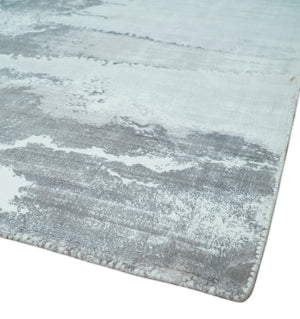 8x10 Ivory, Gray and Charcoal Modern Abstract Hand Tufted Art Silk Area Rug