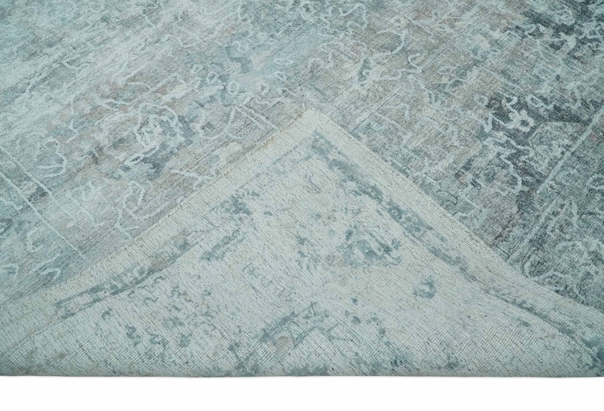 8x10 Ivory, Gray and Charcoal Traditional Erased Handmade Blended Wool Area Rug