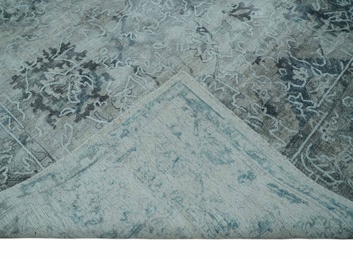 8x10 Ivory, Gray and Silver Modern Erased Traditional Handmade Art Silk Area Rug