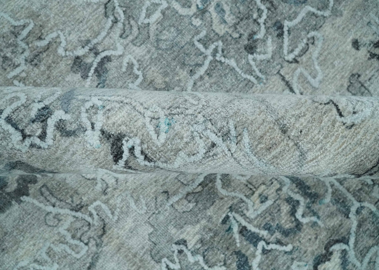 8x10 Ivory, Gray and Silver Modern Erased Traditional Handmade Art Silk Area Rug