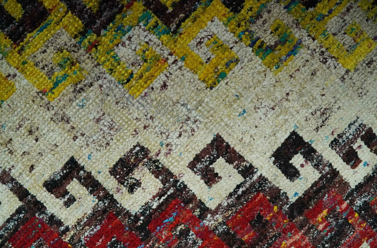 8x10 Ivory, Maroon, Black and Mustard Greek key design Hand Knotted wool area rug