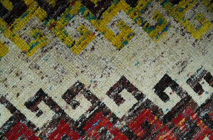 8x10 Ivory, Maroon, Black and Mustard Greek key design Hand Knotted wool area rug
