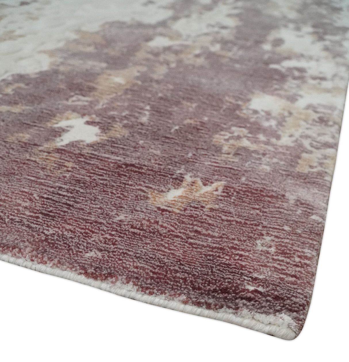 8x10 Ivory, Peach and Maroon Hand Carved Modern Abstract Hand Loomed Blended wool and Art silk Area Rug