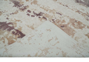 8x10 Ivory, Peach and Maroon Hand Carved Modern Abstract Hand Loomed Blended wool and Art silk Area Rug