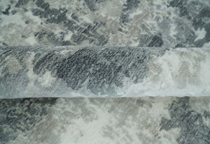 8x10 Ivory, Silver and Charcoal Modern Abstract Hand Loomed Blended wool and Art silk Area Rug