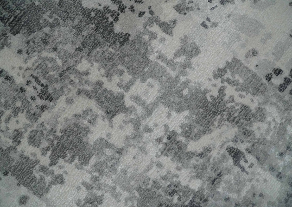 8x10 Ivory, Silver and Charcoal Modern Abstract Hand Loomed Blended wool and Art silk Area Rug