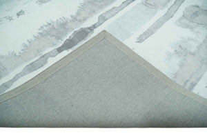 8x10 Ivory, Silver and Gray Modern Abstract Handmade Art Silk Area Rug