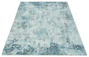 8x10 Ivory, Silver and Teal Modern Abstract Hand Loomed Blended wool and Art silk Area Rug