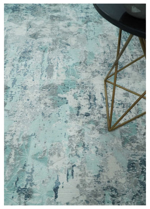 8x10 Ivory, Silver and Teal Modern Abstract Hand Loomed Blended wool and Art silk Area Rug