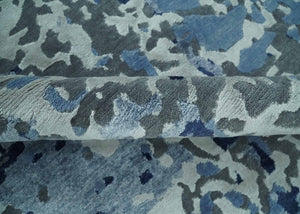 8x10 Ivory, Silver, Blue and Blue Modern Abstract Hand Knotted Wool and Bamboo Silk Area Rug