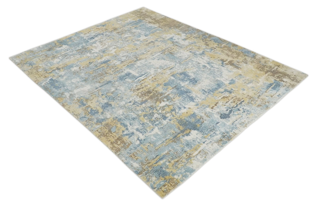 8x10 Modern Abstract Blended wool and Art silk Ivory, Teal and Beige Hand Loomed Area Rug