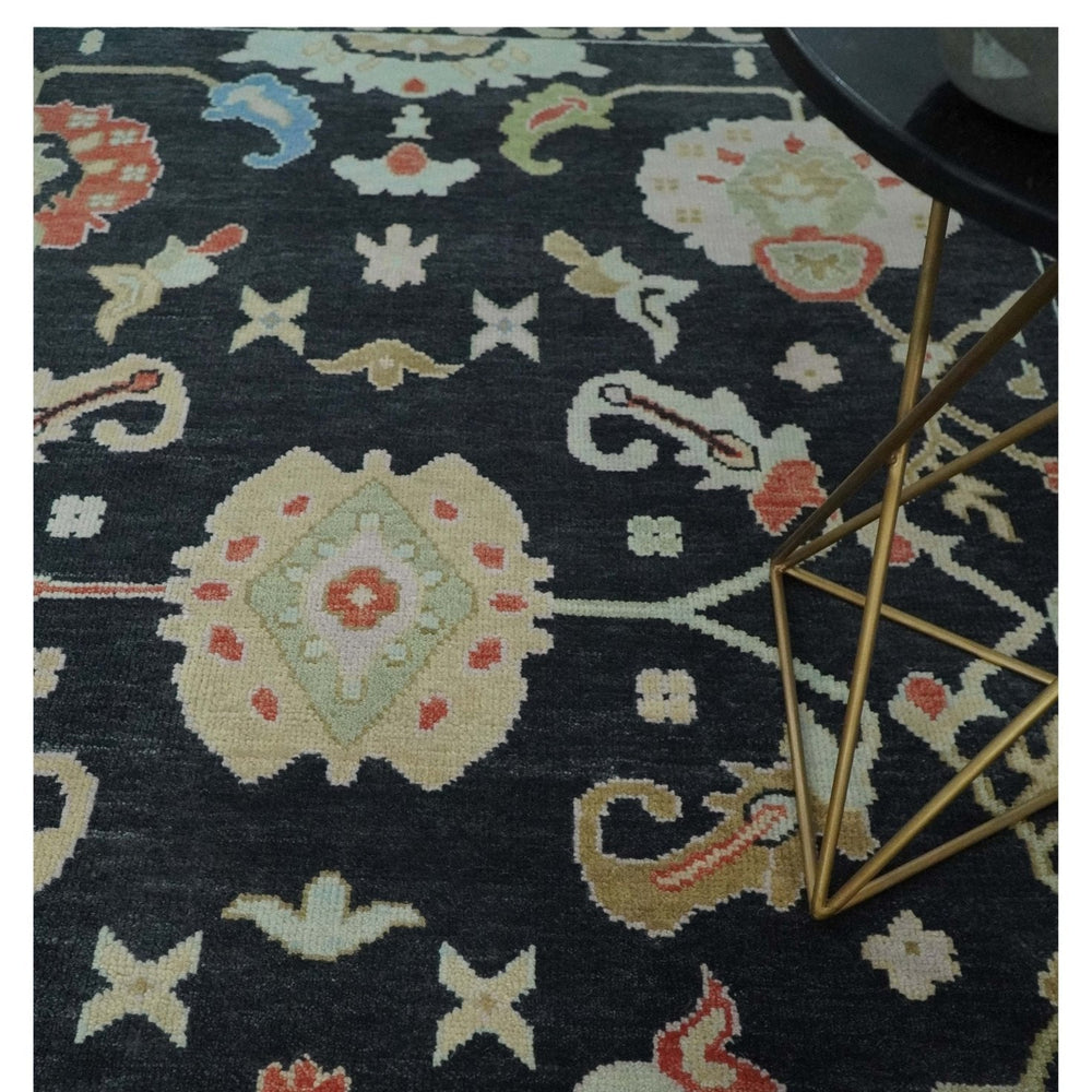 8x10 Modern Hand Knotted Black and Multicolor Traditional Oushak Wool Area Rug