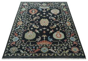 8x10 Modern Hand Knotted Black and Multicolor Traditional Oushak Wool Area Rug
