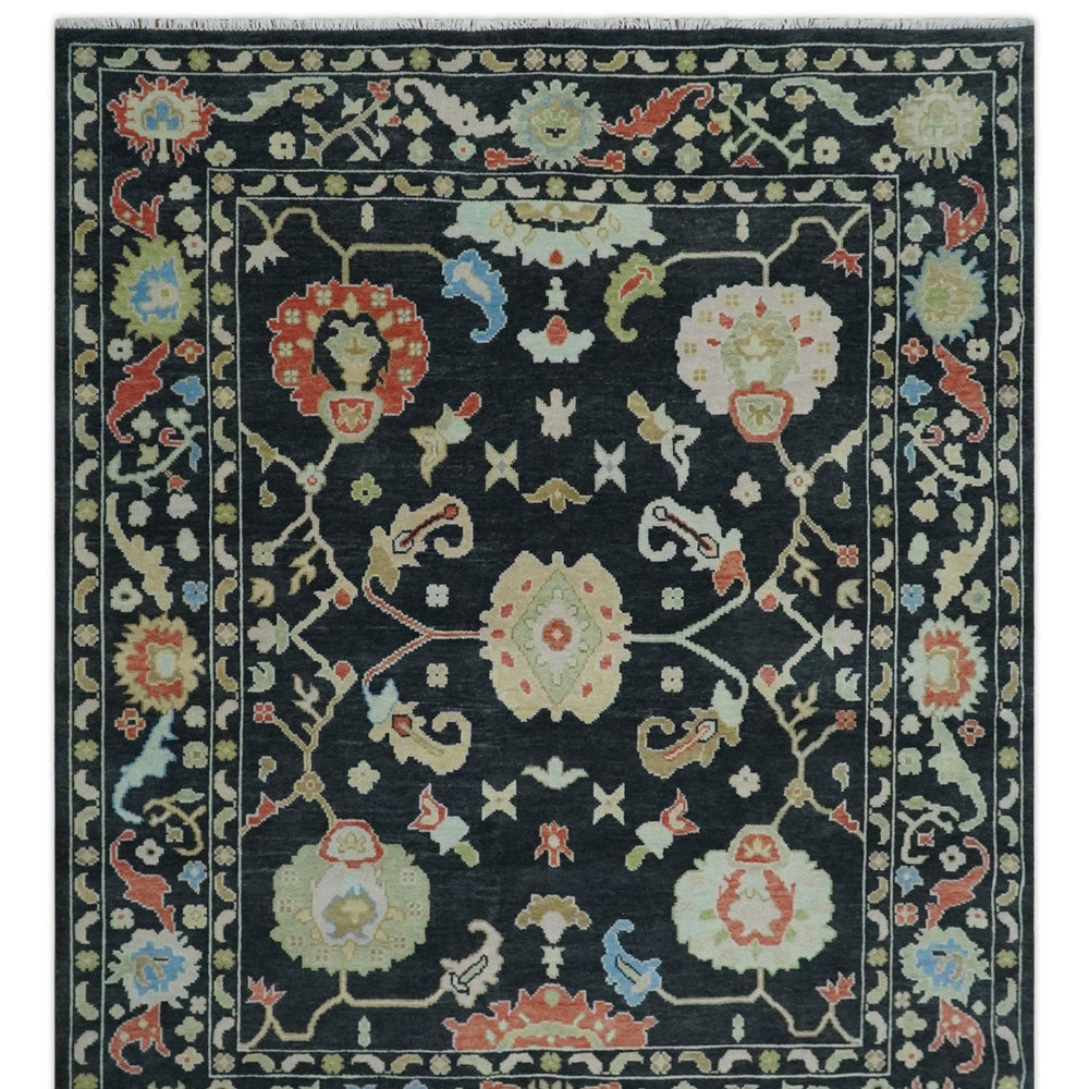 8x10 Modern Hand Knotted Black and Multicolor Traditional Oushak Wool Area Rug