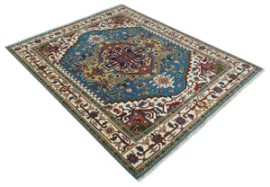 8x10 Olive, Blue and Ivory Heriz Serapi Hand knotted Traditional wool Area Rug
