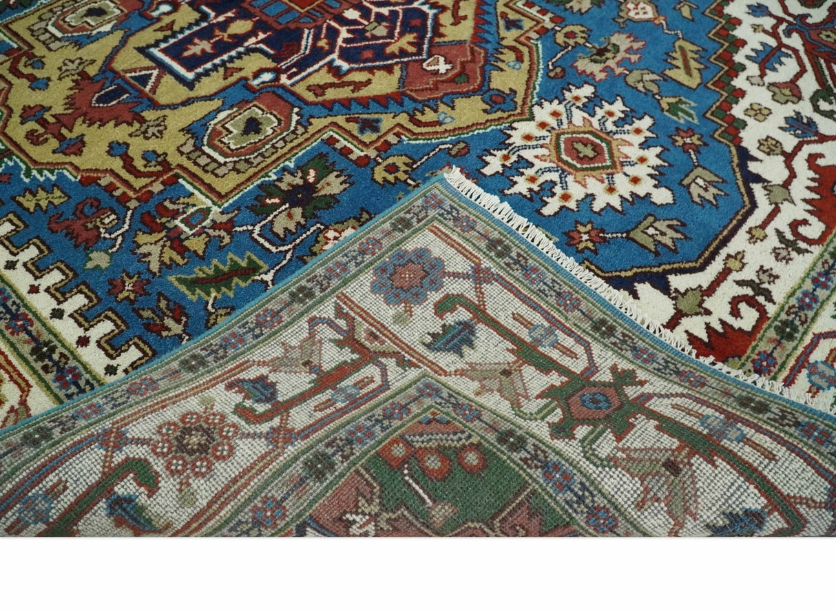 8x10 Olive, Blue and Ivory Heriz Serapi Hand knotted Traditional wool Area Rug