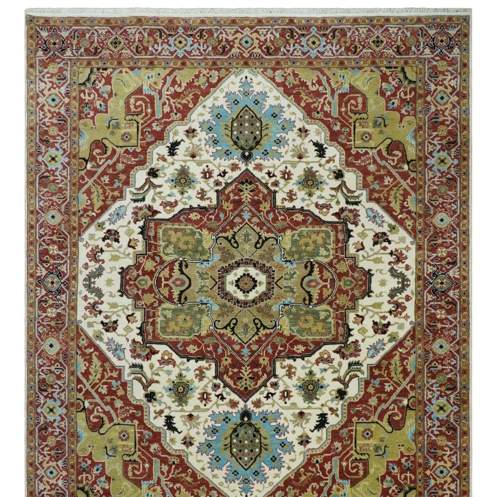 8x10 Olive, Rust and Ivory Heriz Serapi Traditional Vintage Antique Hand Knotted Wool Area Rug | TRDCP1363810