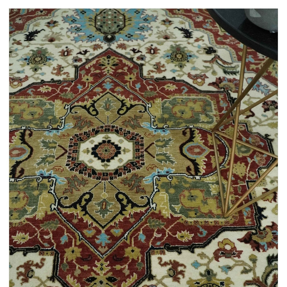 8x10 Olive, Rust and Ivory Heriz Serapi Traditional Vintage Antique Hand Knotted Wool Area Rug | TRDCP1363810