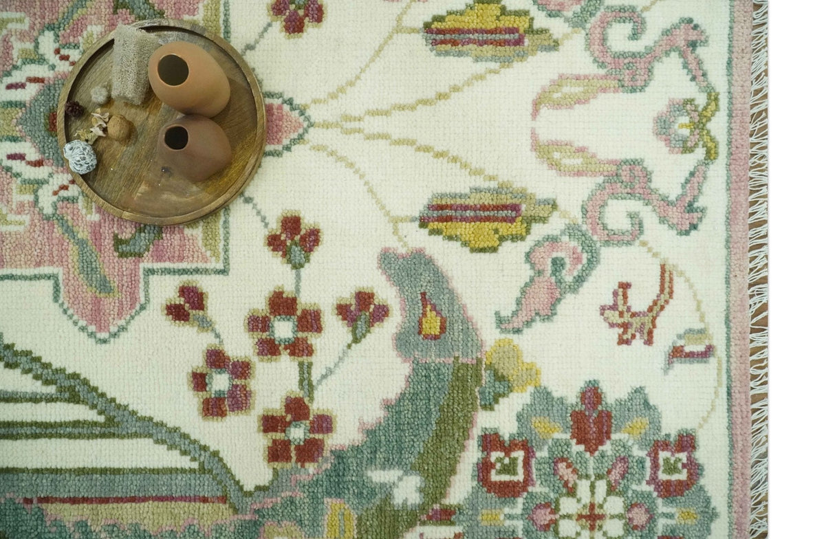 8x10 Peacock Garden Ivory and Green Bird Hand Knotted Wool Area Rug