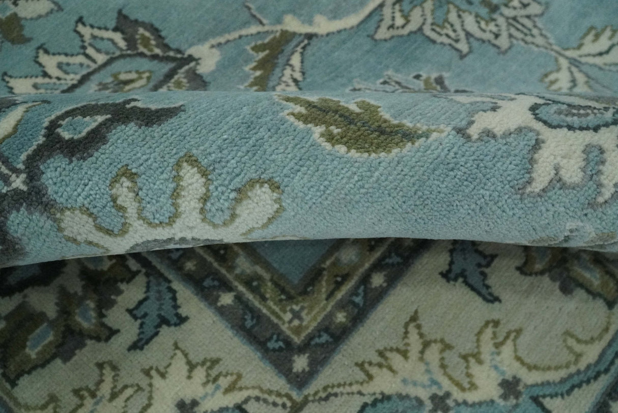 8x10 Premium Blue, Ivory and Green Traditional Floral Hand knotted wool Area Rug