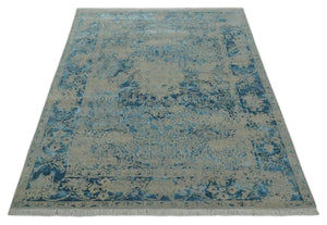 8x10 Premium Hand knotted Blue and Beige Traditional wool and Silk Area Rug