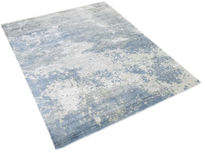 Modern Abstract Blue and Ivory Hand Loom 8x10 Viscose Area Rug