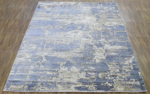 Modern Abstract Blue And Beige Hand loom 8x10 Viscose Area Rug