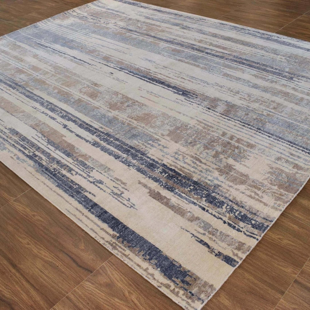 Hand Knotted 8x10 Modern Abstract Blue And Beige Bamboo Silk Area Rug