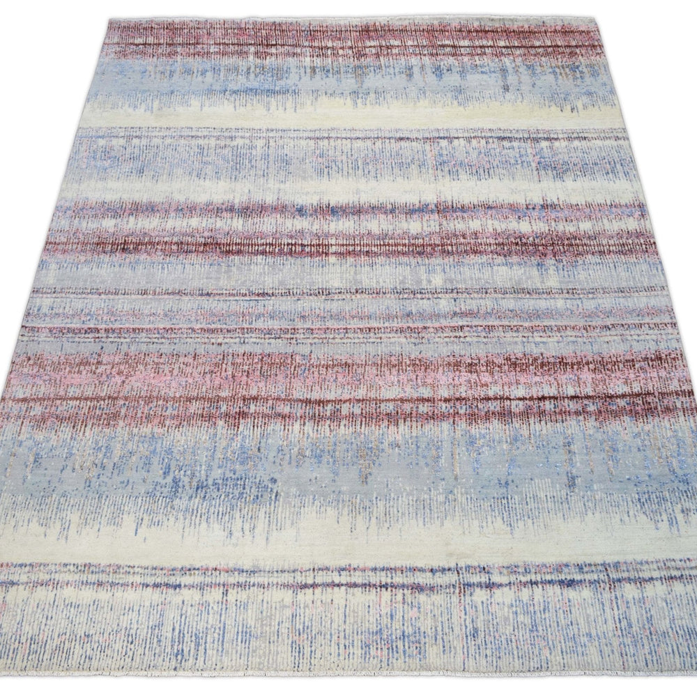 Modern Abstract Rust And Blue Hand Knotted Bamboo Silk 8x10 Area Rug