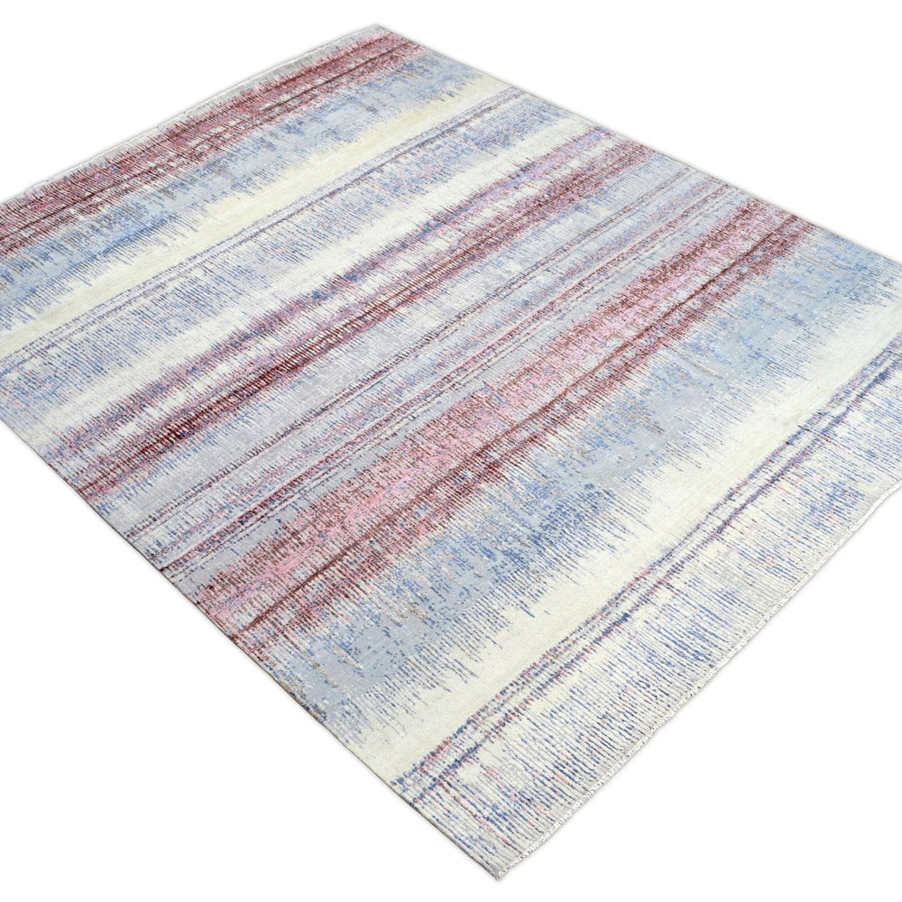 Modern Abstract Rust And Blue Hand Knotted Bamboo Silk 8x10 Area Rug