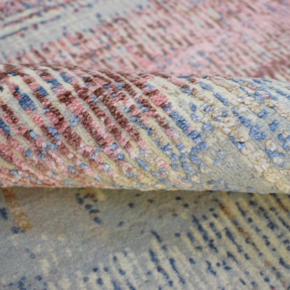Modern Abstract Rust And Blue Hand Knotted Bamboo Silk 8x10 Area Rug