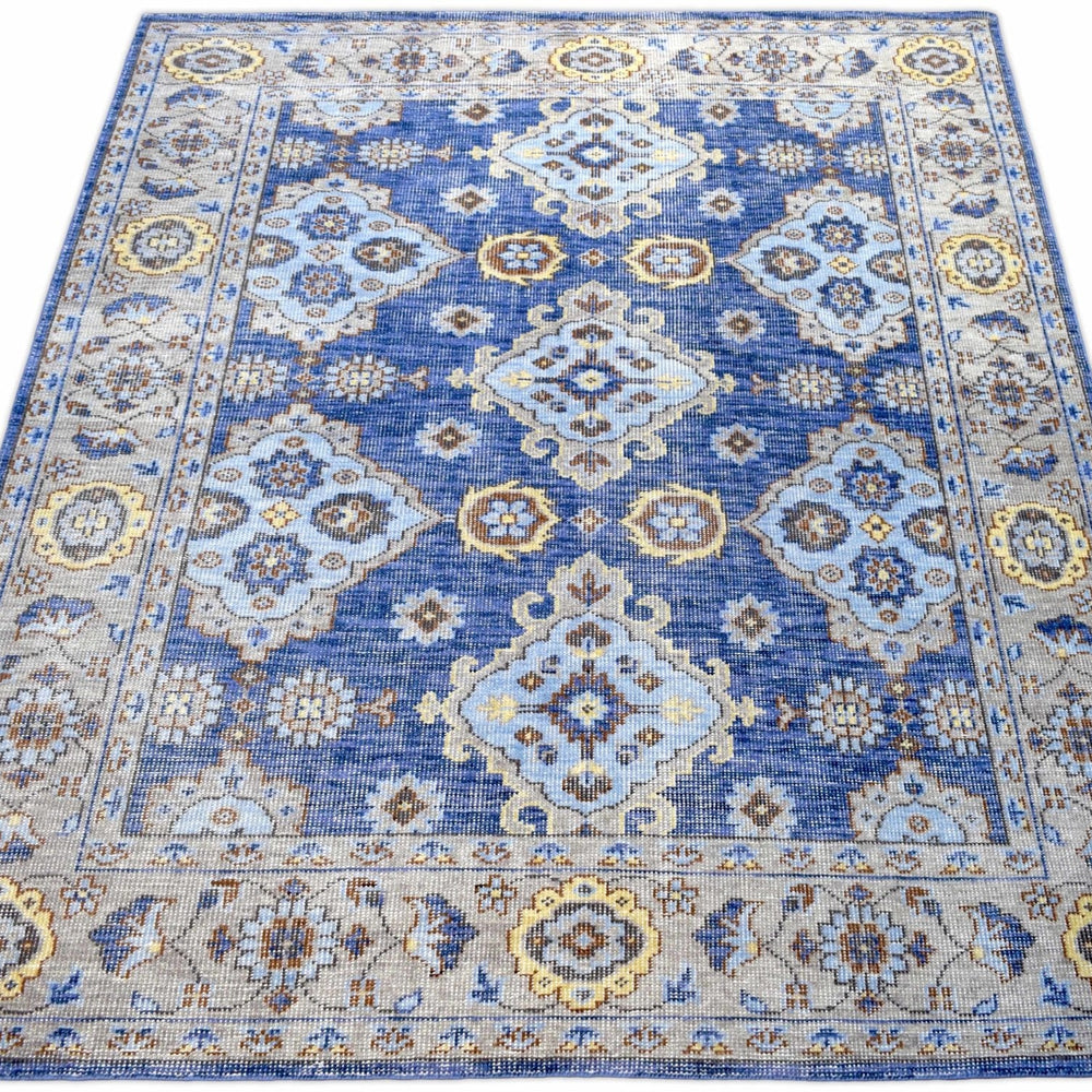 Traditional Blue and Camel Hand Knotted 8x10 Wool Area Rug