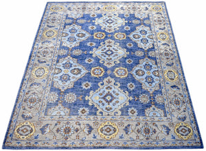 Traditional Blue and Camel Hand Knotted 8x10 Wool Area Rug