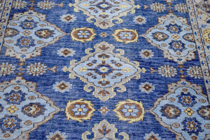 Traditional Blue and Camel Hand Knotted 8x10 Wool Area Rug
