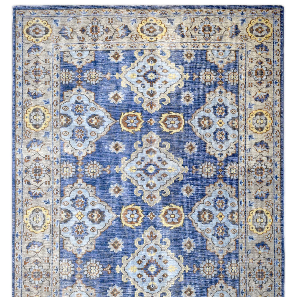 Traditional Blue and Camel Hand Knotted 8x10 Wool Area Rug