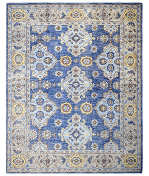 Traditional Blue and Camel Hand Knotted 8x10 Wool Area Rug