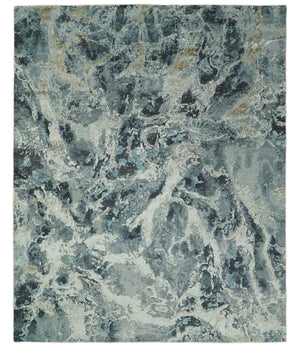 Modern Abstract Blue and Beige Hand Knotted 8x10 Bamboo Silk Rug