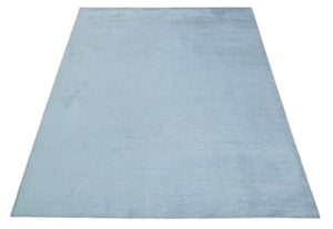 8x10 Solid Plain Blue, Silver Hand Loomed Modern Scandinavian Art Silk Loop Cut Area Rug