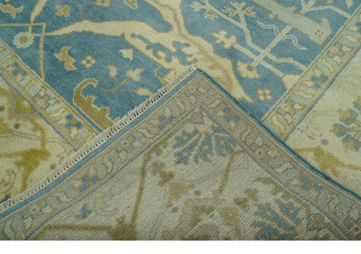 8x10 Teal, Olive and Beige Hand Knotted Traditional Oriental Oushak wool area rug
