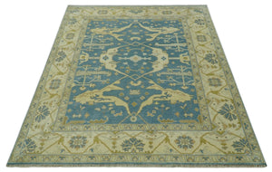 8x10 Teal, Olive and Beige Hand Knotted Traditional Oriental Oushak wool area rug
